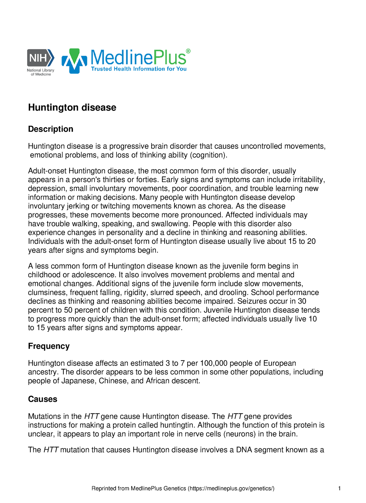 Huntington-disease - Huntington Disease Description Huntington Disease ...