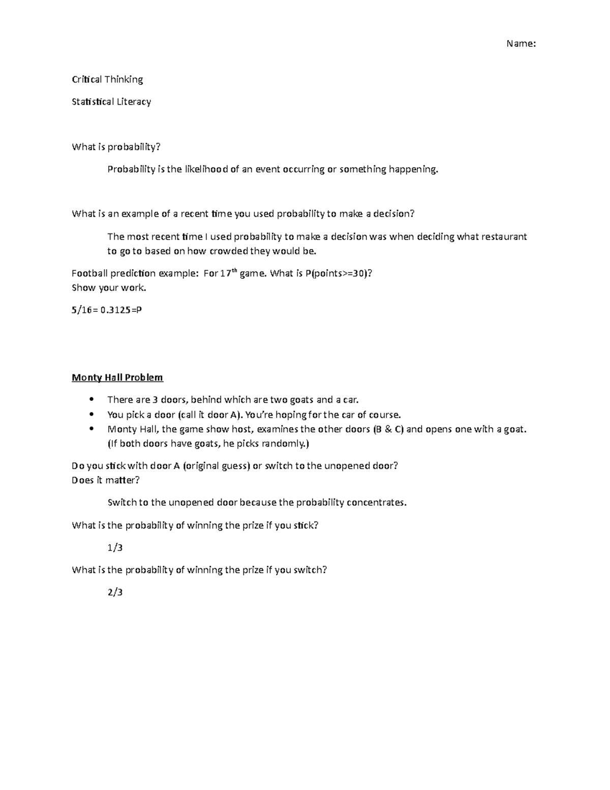 Worksheet - Statistical Literacy - Name: Critical Thinking Statistical ...