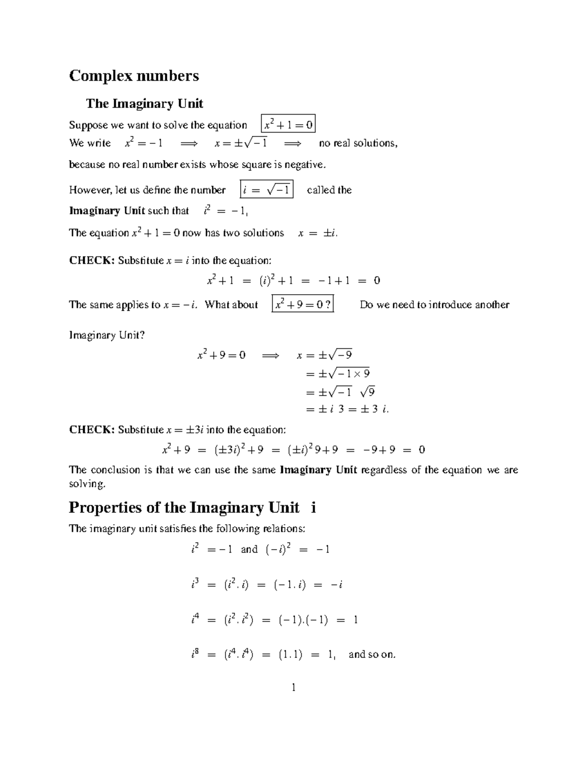 Lecture 1 2 Handout - Complex numbers The Imaginary Unit Suppose we ...
