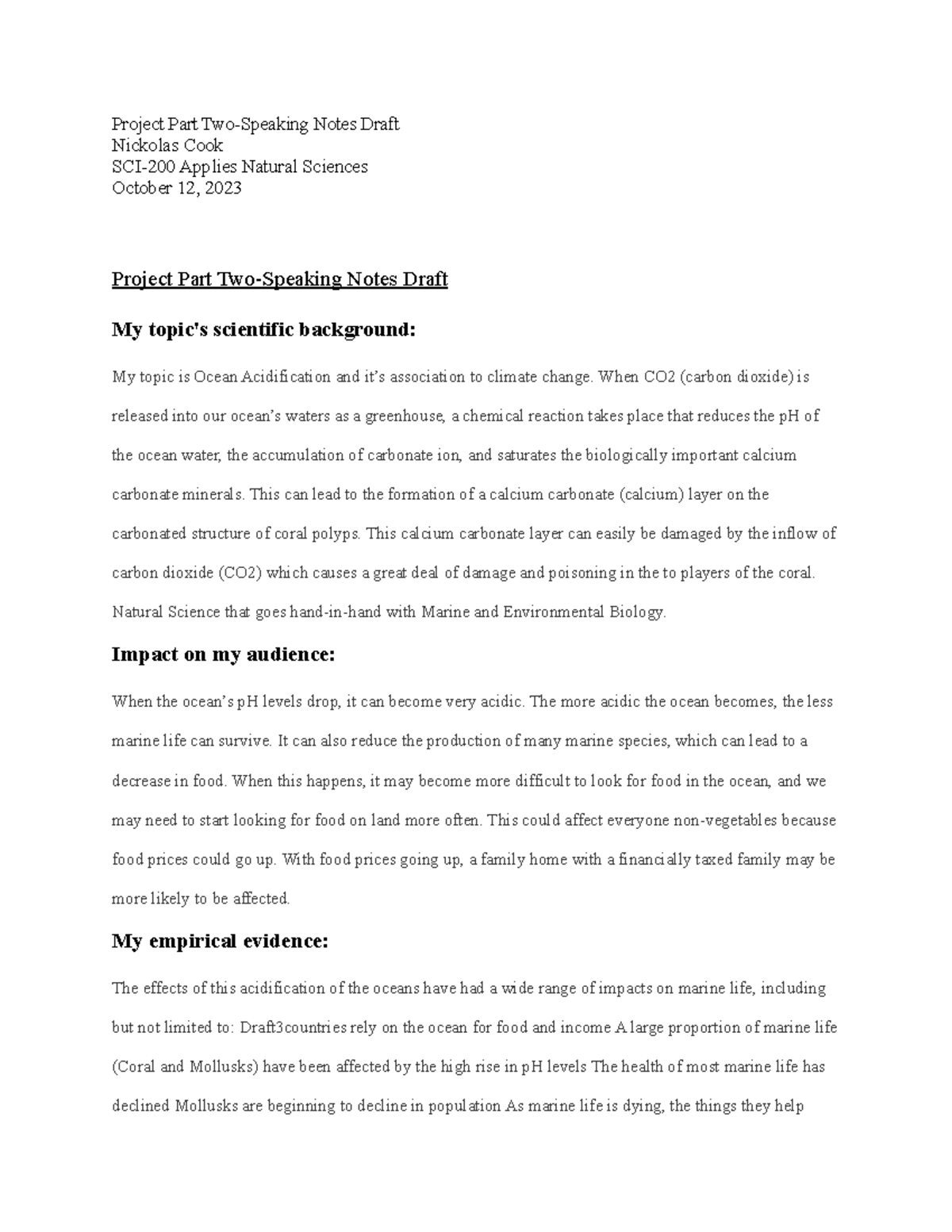 Project Part Two-Speaking Notes Draft SCI 200 - Project Part Two ...