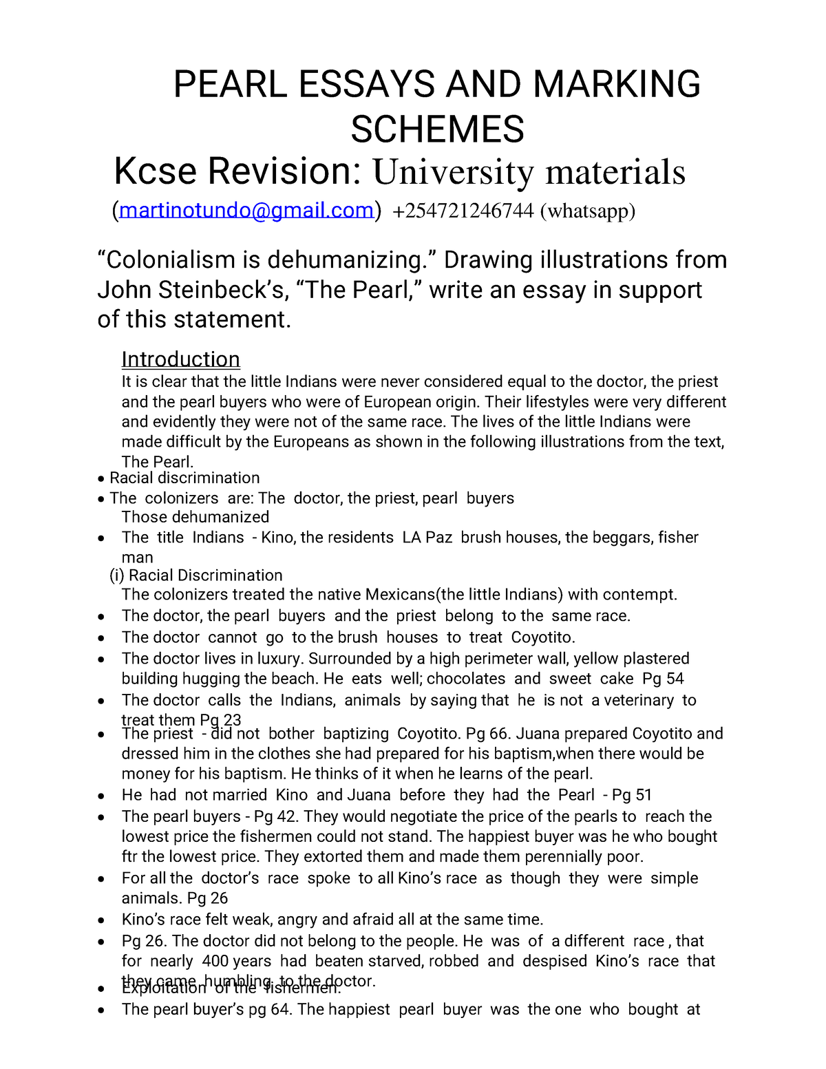 kcse essays based on the pearl