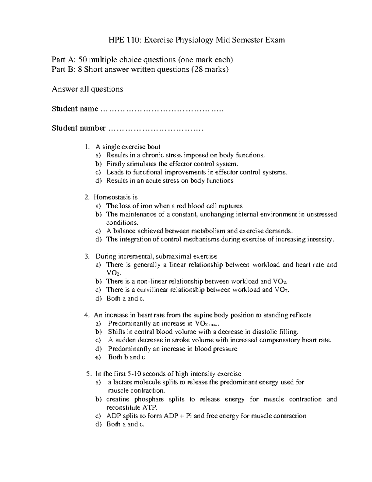Mid Semester Examination Practice Questions HPE110 Notre Dame Studocu