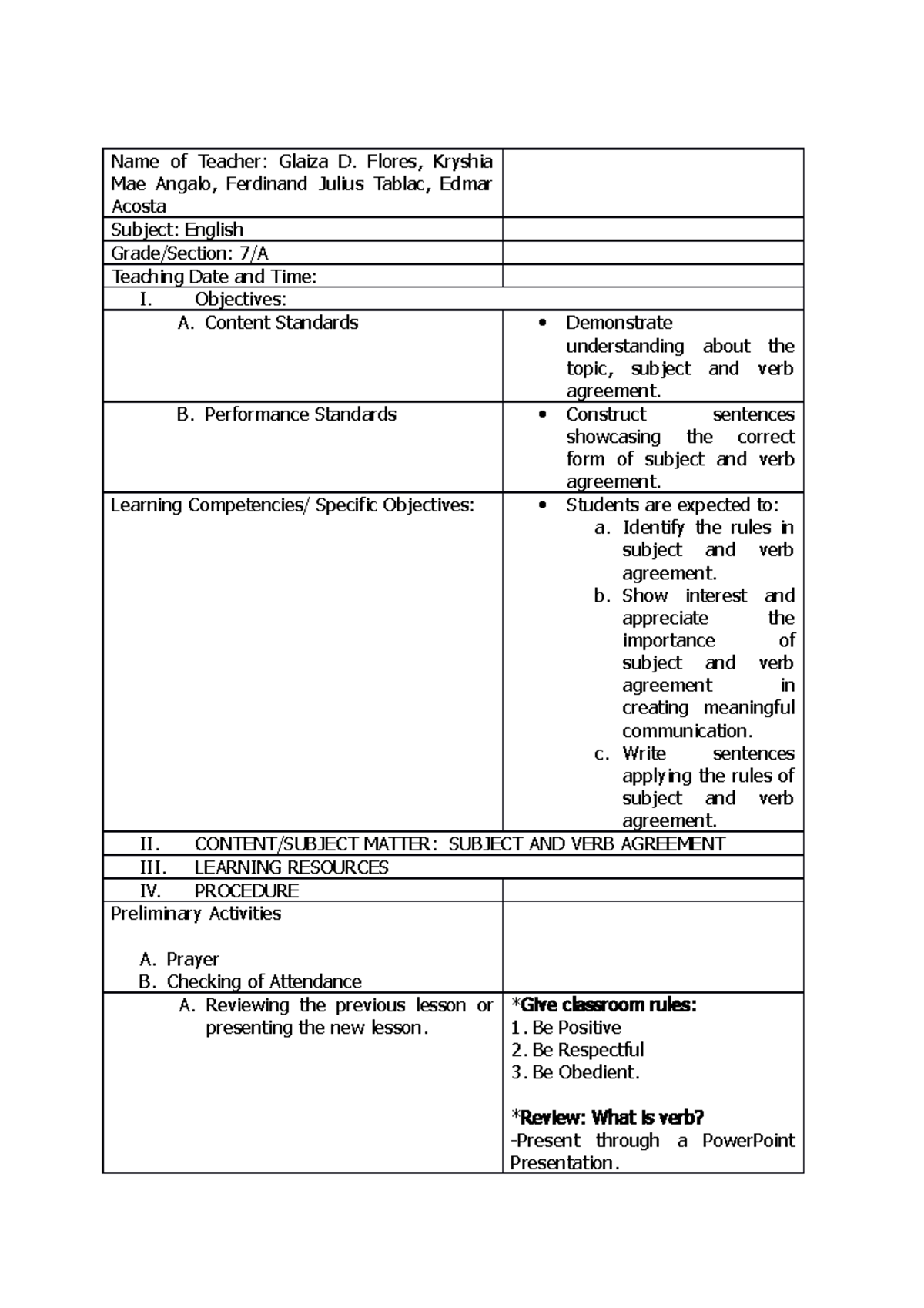 Learning PLAN Group 3 094210 - Copy - Name of Teacher: Glaiza D. Flores ...