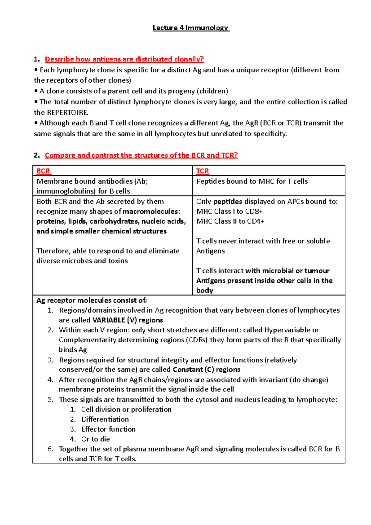 Lecture 4 Immunology - Objectives Answers - Lecture 4 Immunology ...