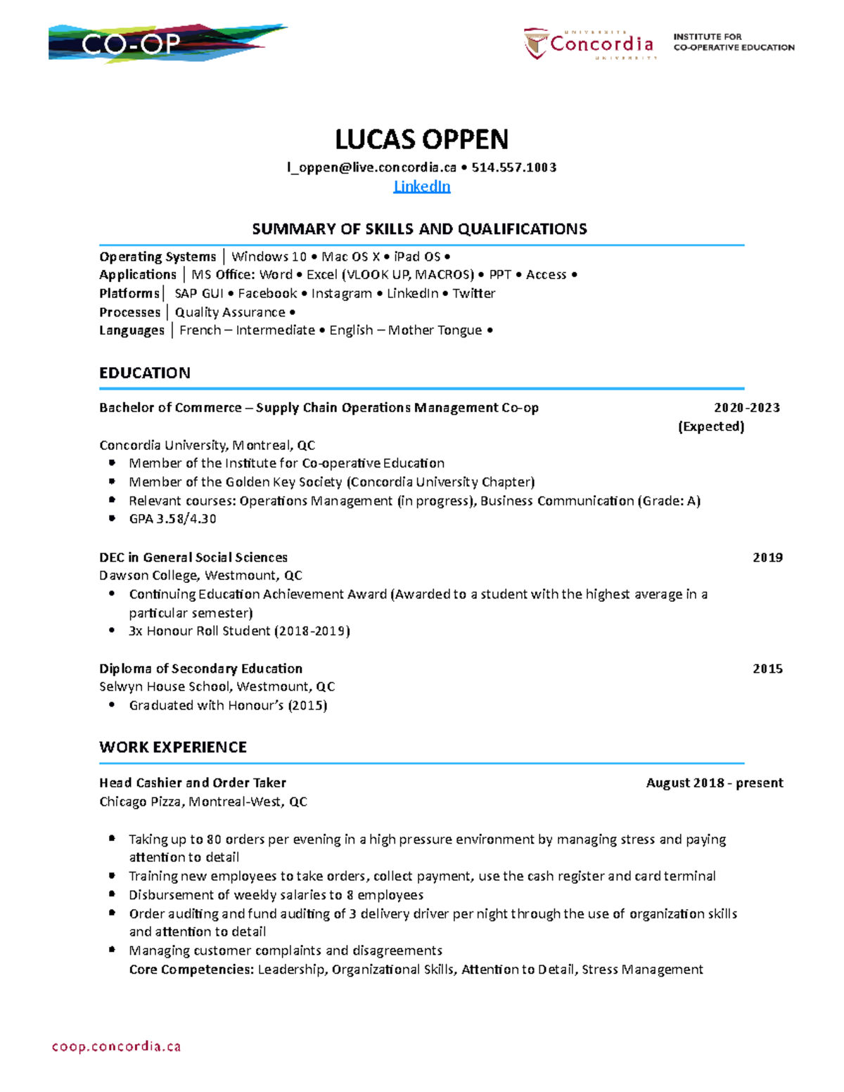 John Molson School of Business R??sum?? Template English External