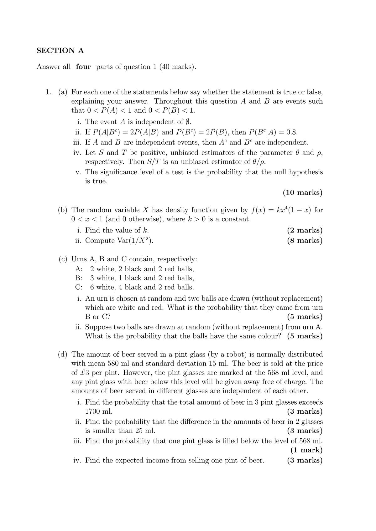 ST104b 2018 ZB - statistics 1 st104a - SECTION A Answer all four parts ...