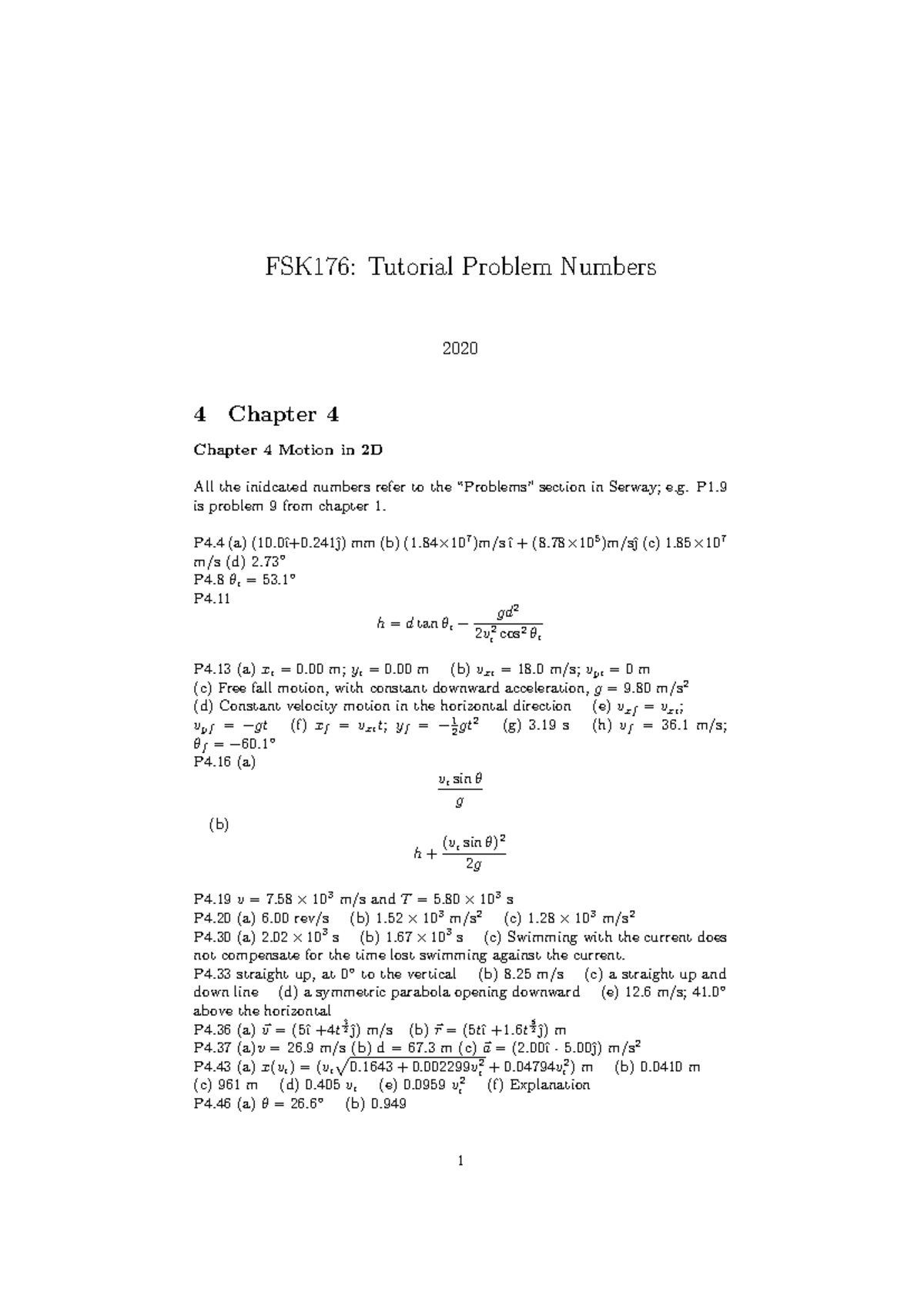 FSK176 Ch 4 - fsk - FSK176: Tutorial Problem Numbers 2020 4 Chapter 4 ...