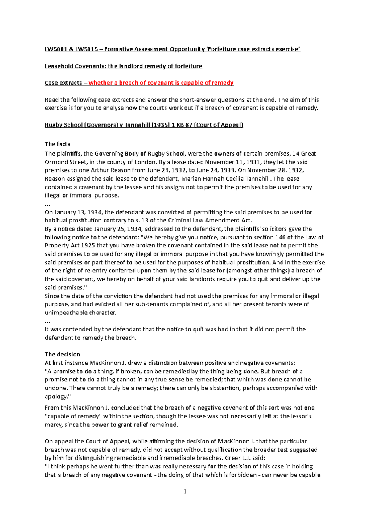 Forfeiture Case Extracts exercise LW5001 & LW5015 Formaive