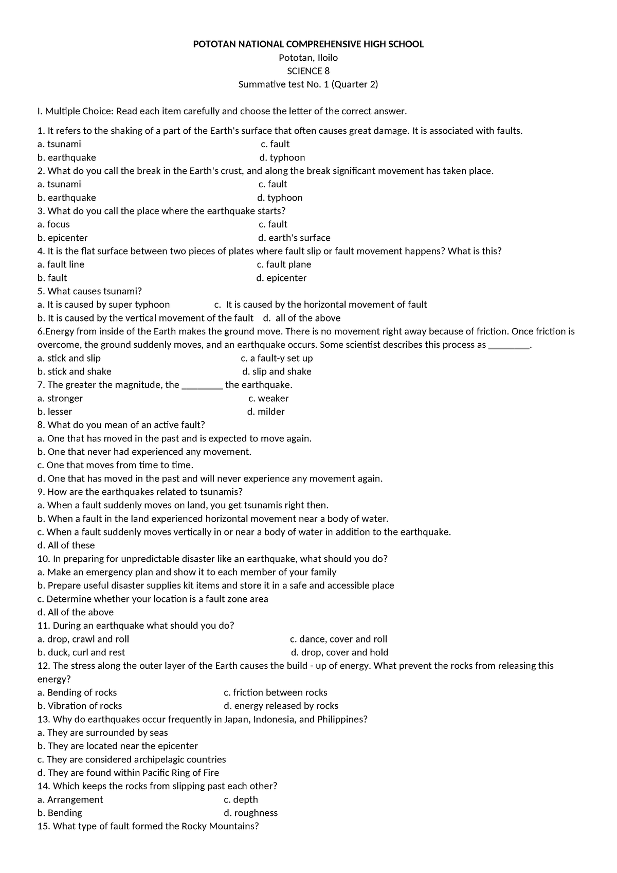 First summative test 2nd quarter - POTOTAN NATIONAL COMPREHENSIVE HIGH ...