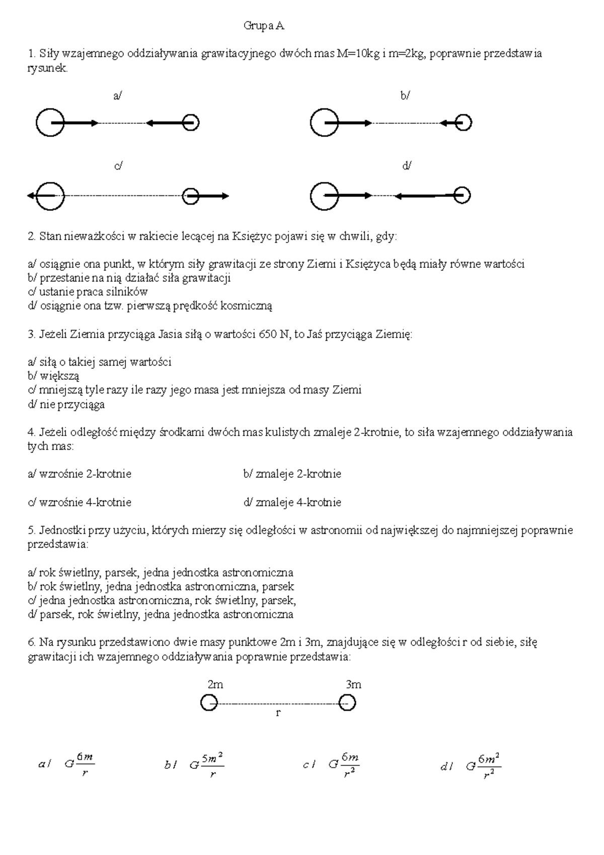 Astronomia I Grawitacja Sprawdzian Liceum Kl 1 www.studocu.com