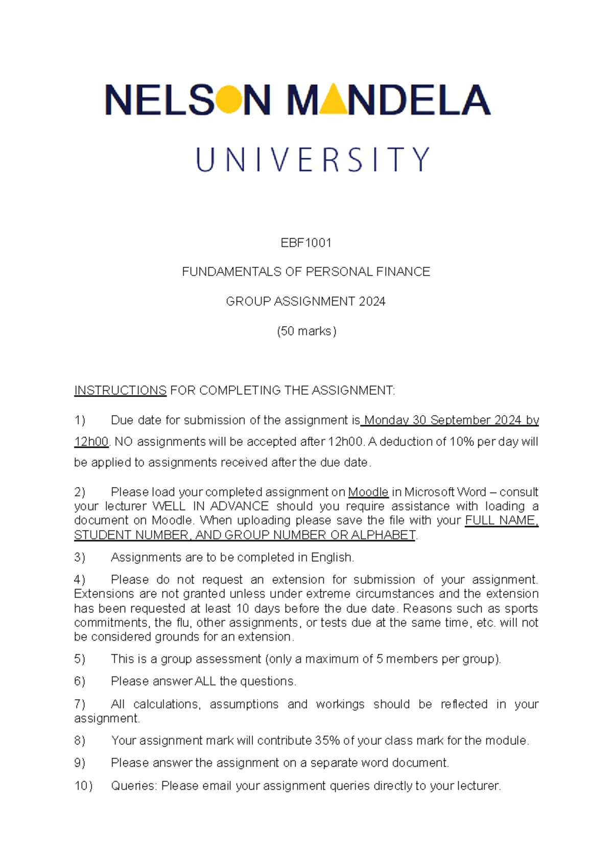 Assignment Instructions and Questions - 2024 - EBF FUNDAMENTALS OF ...