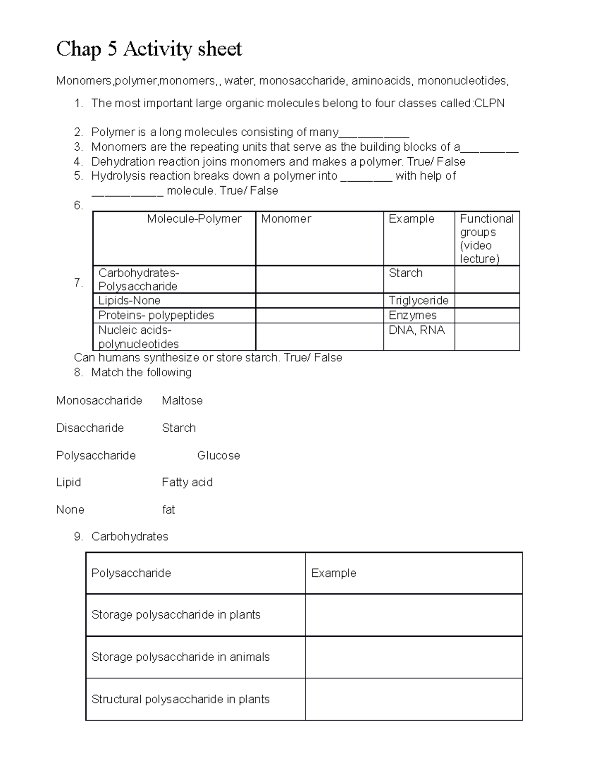 Biology Activity sheets part 212 Chap 5 Activity sheet Monomers