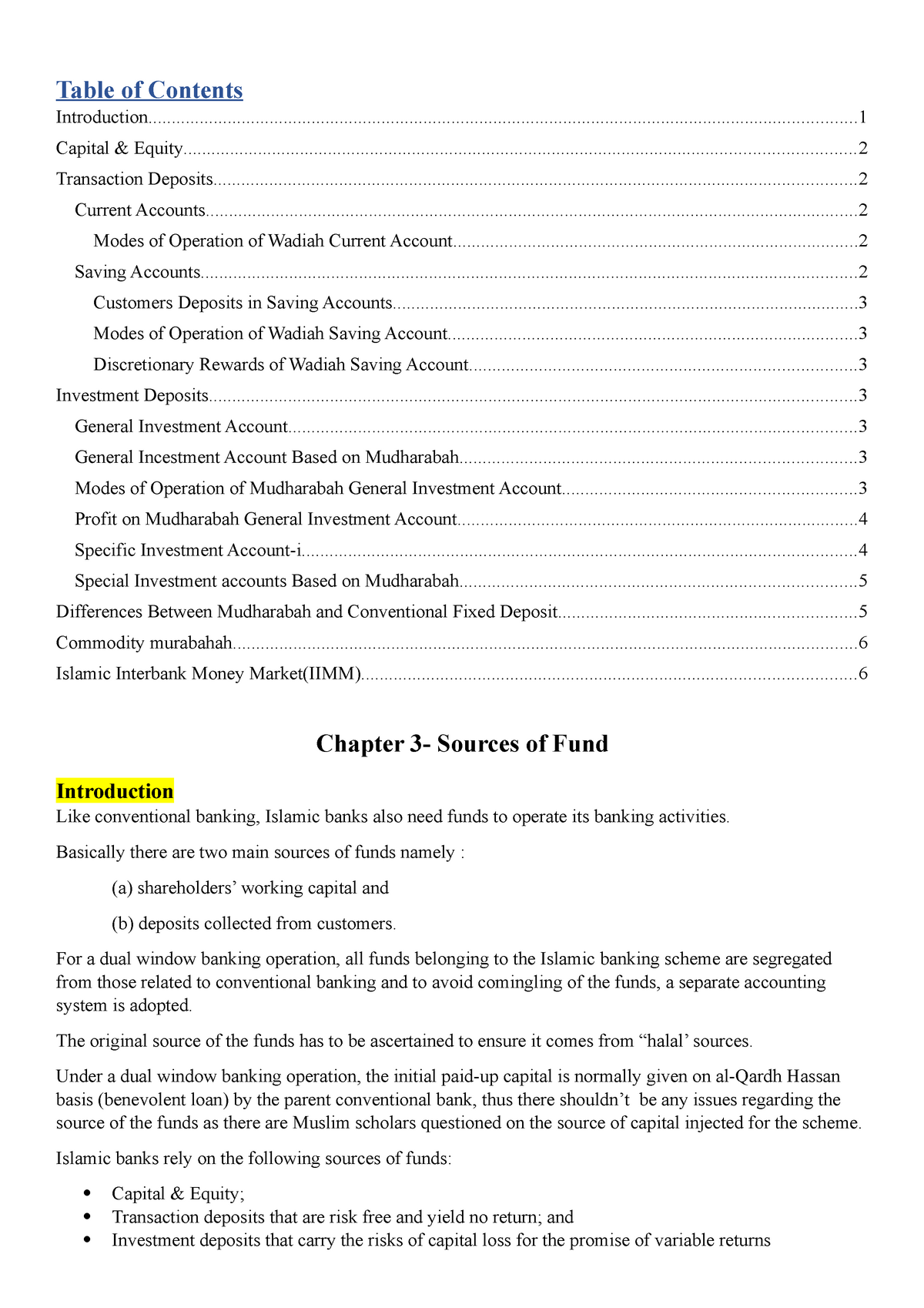 Chapter 3- Sources of Fund (Islamic Banking u0026 Finance) - Table of 