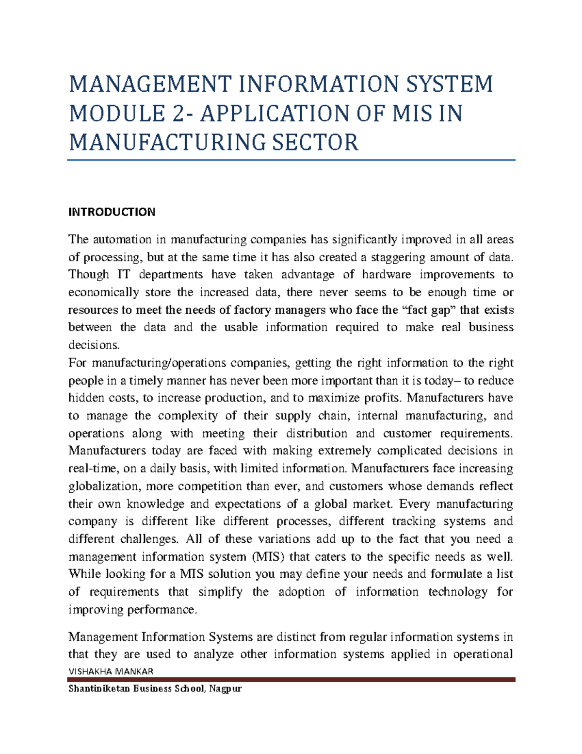 MIS - Module 2 - MIS notes - VISHAKHA MANKAR MANAGEMENT INFORMATION ...