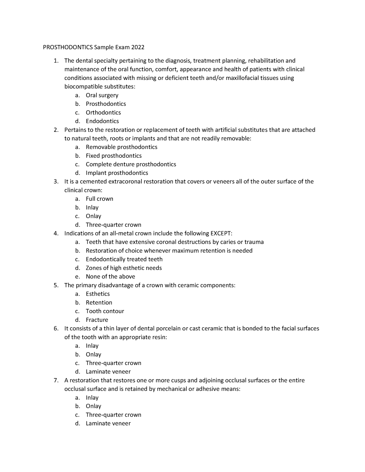 Prosthodontics Sample Exam - PROSTHODONTICS Sample Exam 2022 The dental ...