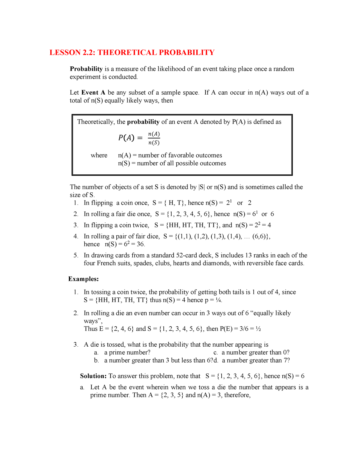 Axiomatic Approach To Probability - LESSON 2: THEORETICAL PROBABILITY ...