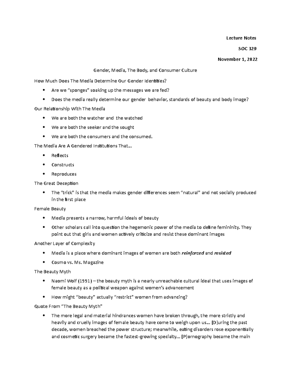 Chapter 11 Lecture Notes - Lecture Notes SOC 329 November 1, 2022 ...