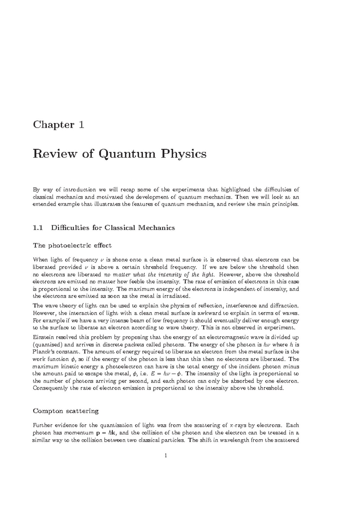 Lecture Notes - Review Of Quantum Physics (ch 1) - Chapter 1 Review Of ...