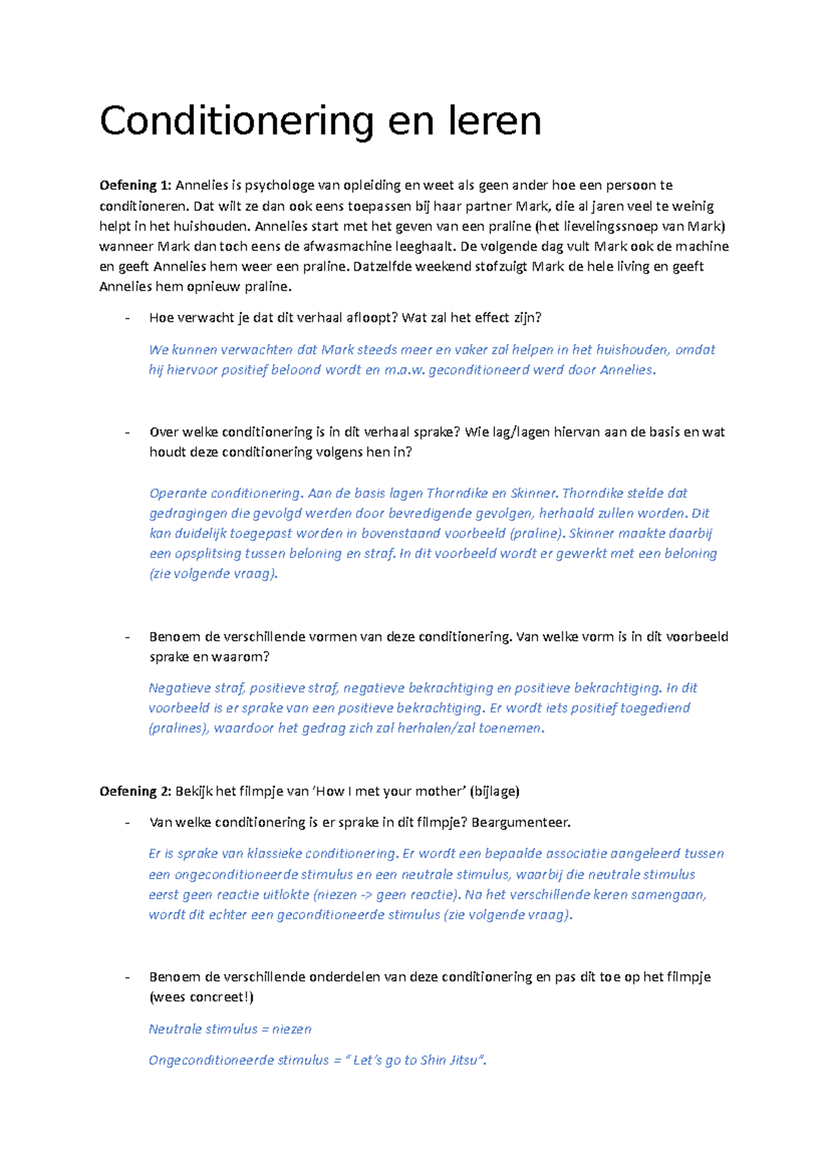 Conditionering en leren - verbetersleutel - Conditionering en leren ...