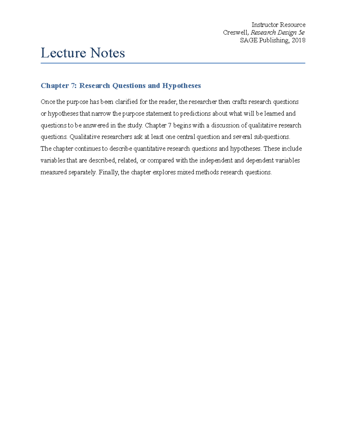 creswell chapter 7 research questions and hypotheses