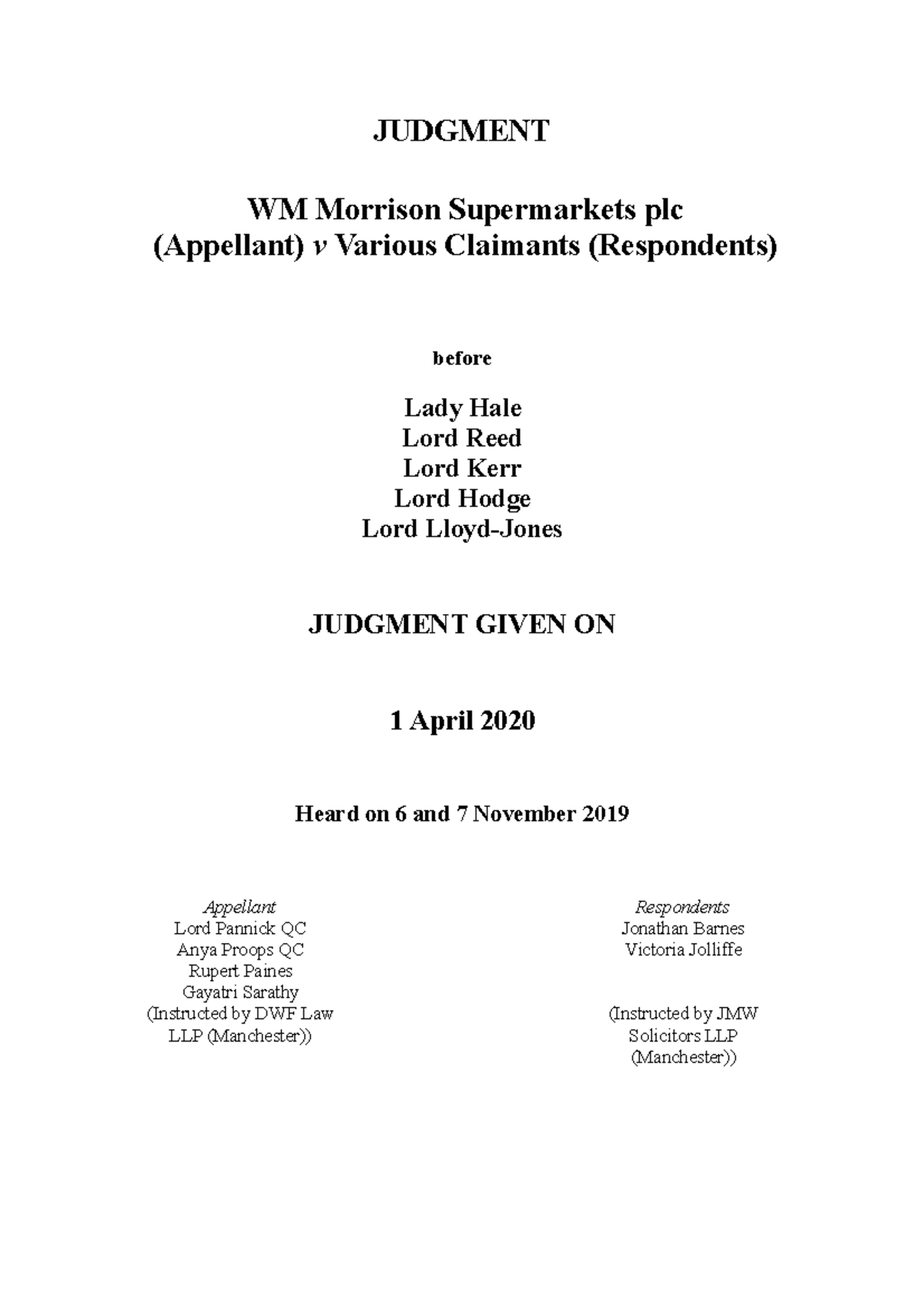 Extracts from WM Morrison Supermarkets v Various Claimants JUDGMENT