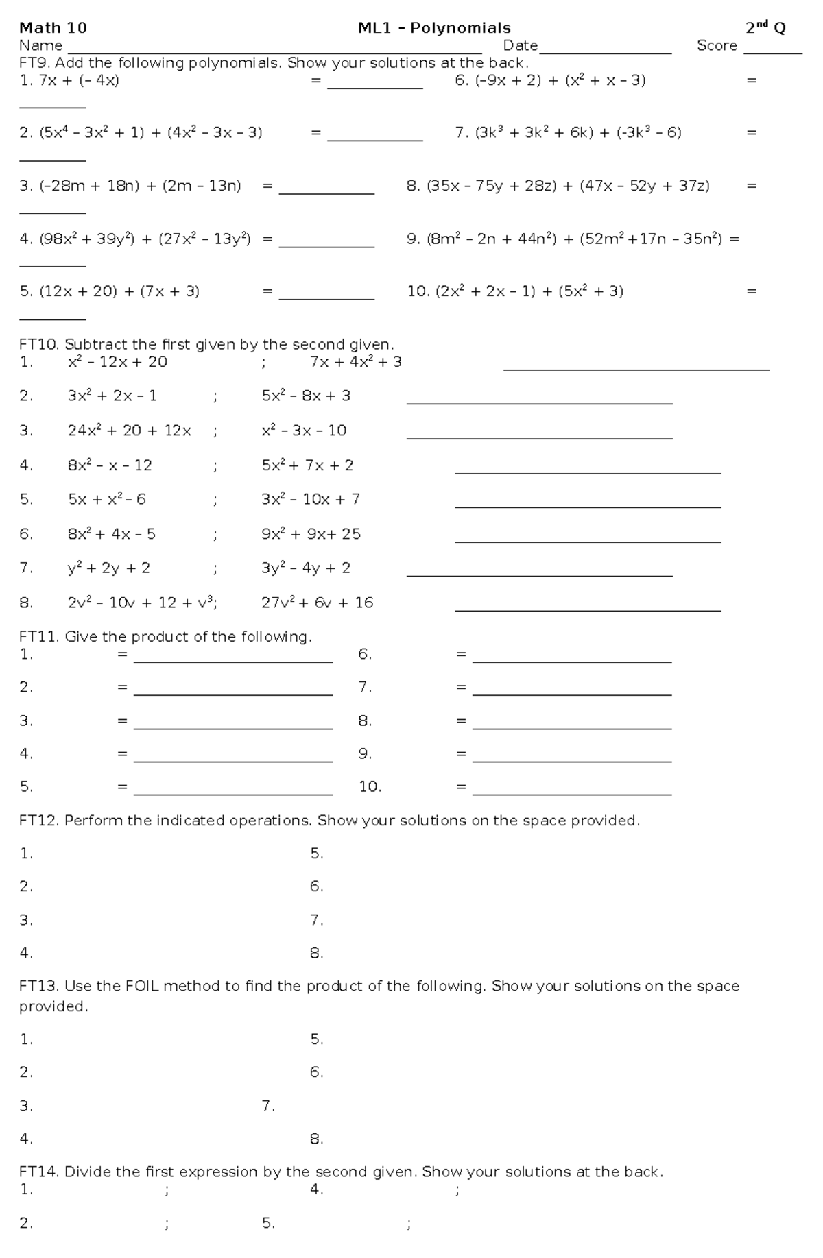 Math 10 Polynomials ML1 FT - Math 10 Name