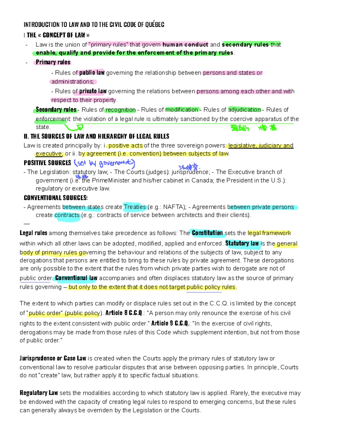FACC220 - Notes for midterm - INTRODUCTION TO LAW AND TO THE CIVIL CODE ...