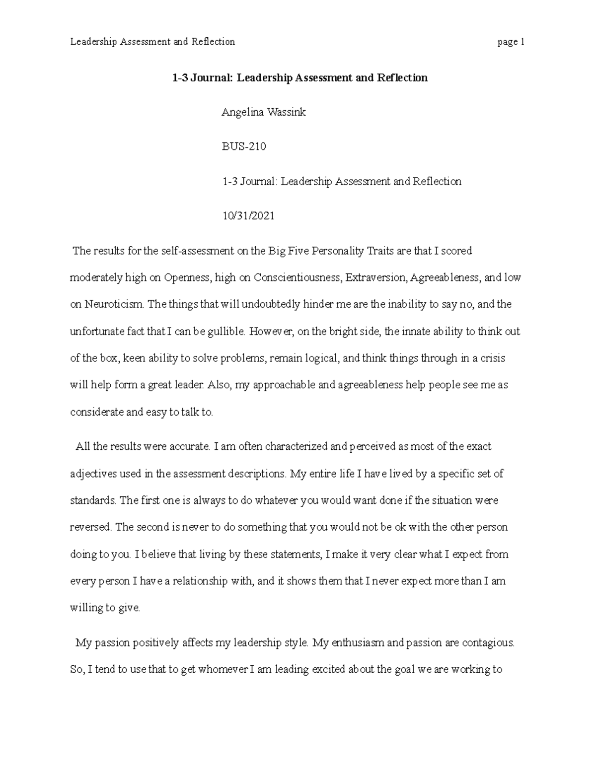 Bus210 1-3 Journal Leadership Assessment and Reflection - BUS-210 ...