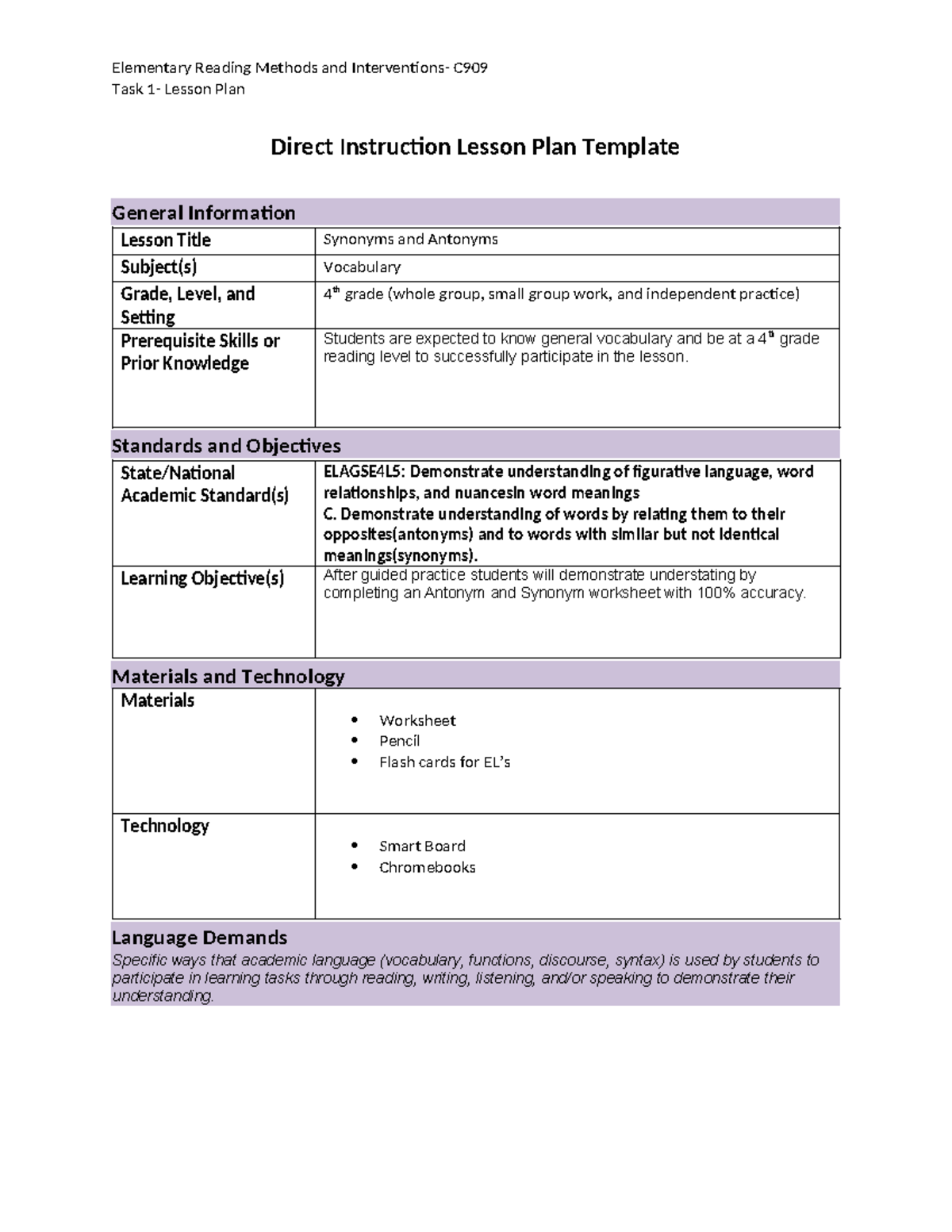 C909- Reading Methods lesson plan - Task 1- Lesson Plan Direct ...