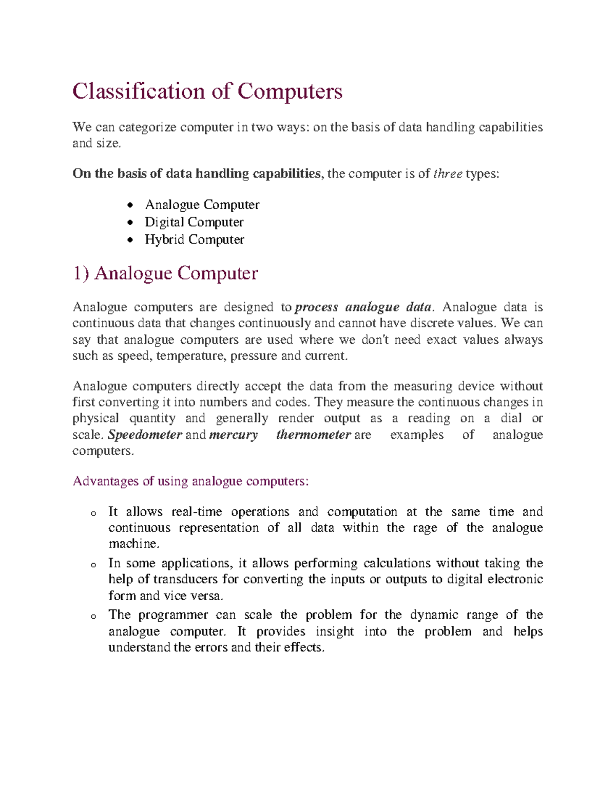 Classification of Computers - On the basis of data handling ...