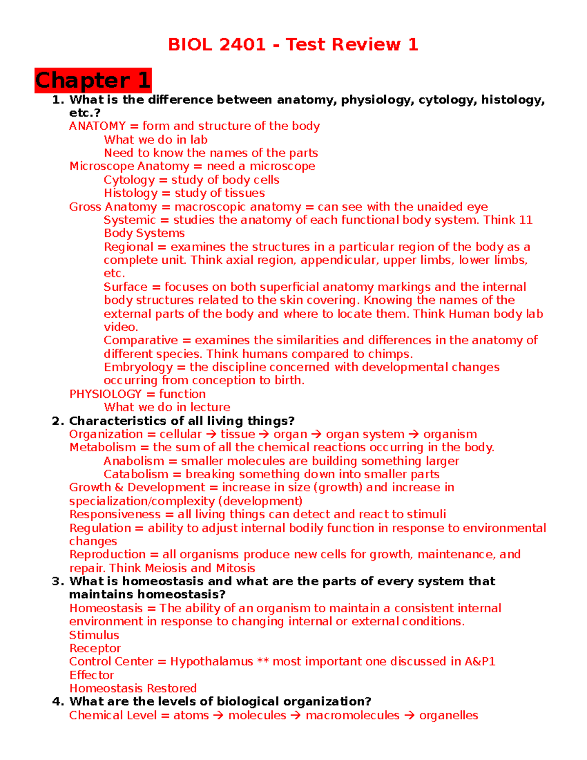 BIOL 2401 Test 1 Review - BIOL 2401 - Test Review 1 Chapter 1 What Is ...