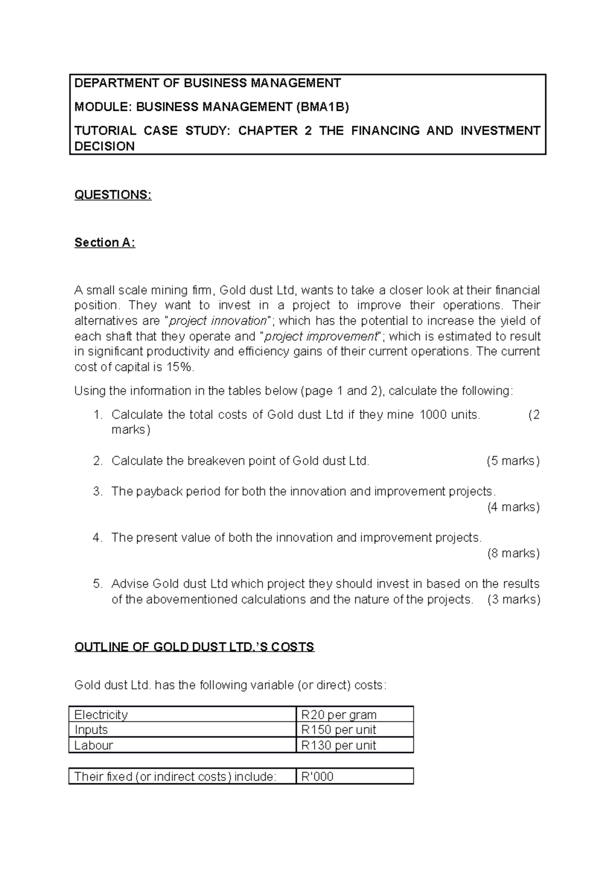 Chapter 2 - Tutorial Work - DEPARTMENT OF BUSINESS MANAGEMENT MODULE ...