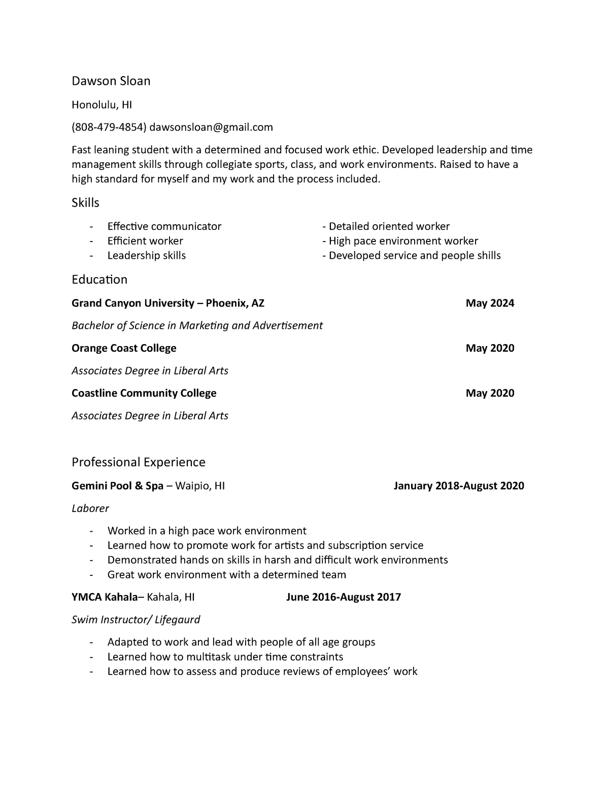 Resume, Cover Letter - Dawson Sloan Honolulu, HI (808-479-4854 ...