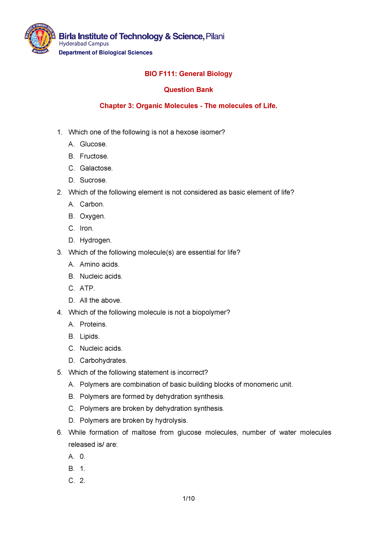 Chapter 3 Questions Biology - BIO F111: General Biology Question Bank ...