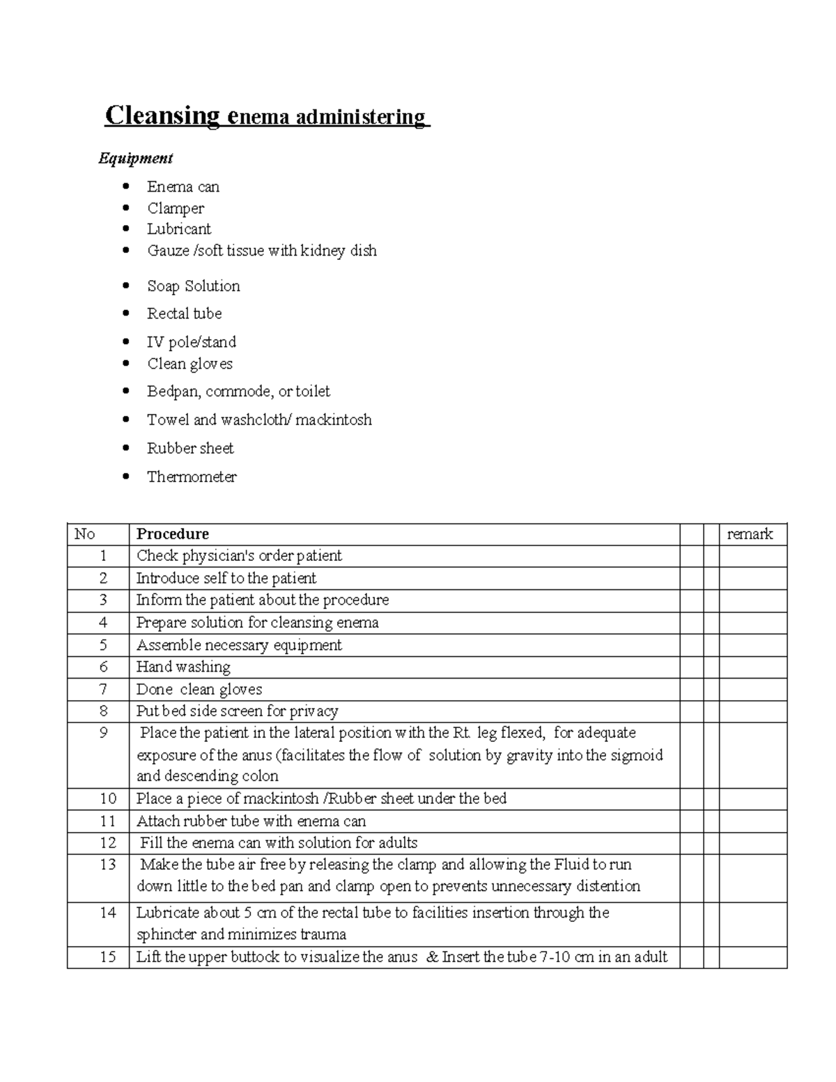Checklist Enema Nursing foundation procedure Cleansing enema