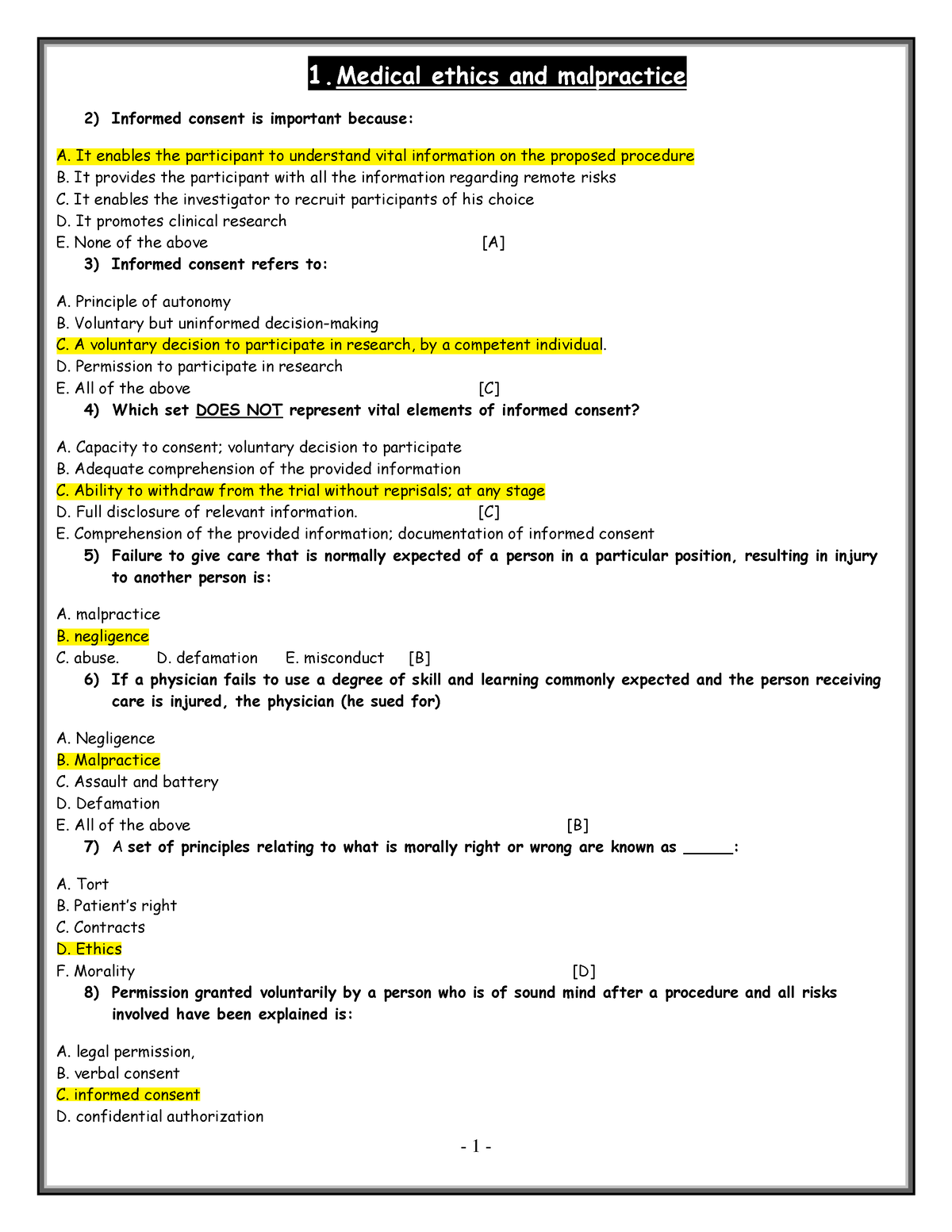 Final MCQs Forensic - Mcq - 1. Medical Ethics And Malpractice 2 ...