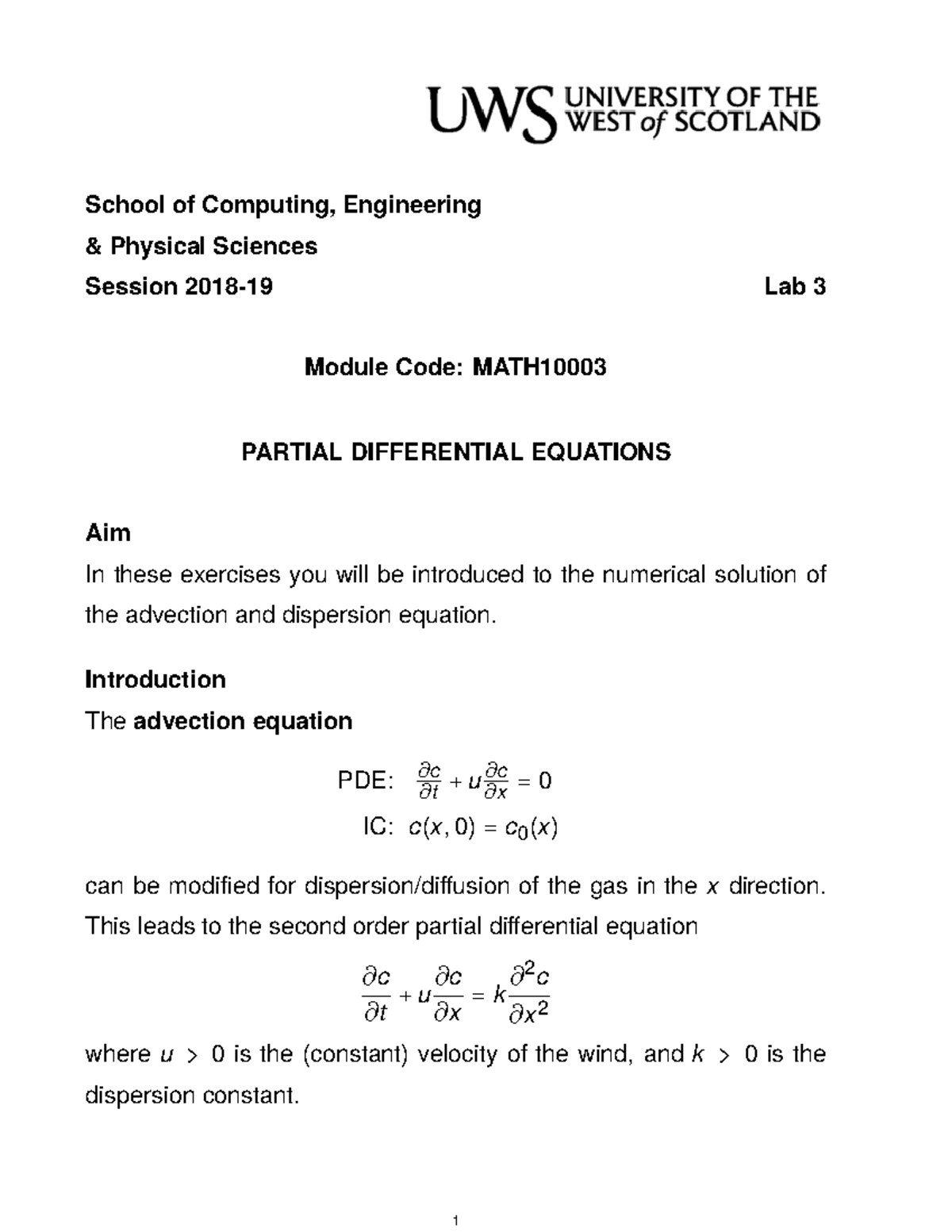MATH10003 lab 3 - PDEs: Lab work 3 - School of Computing, Engineering ...
