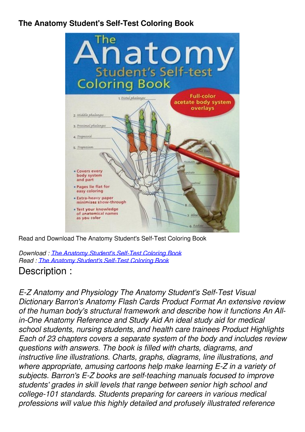 Download Book [PDF] The Anatomy Student's SelfTest Coloring Book The