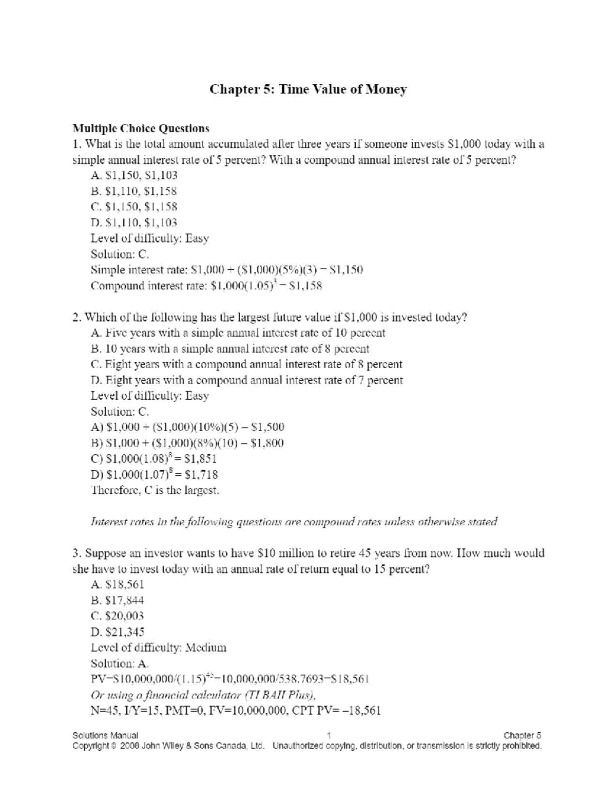 Time value of Money Multiple Choice Questions with Answers - Stirling ...