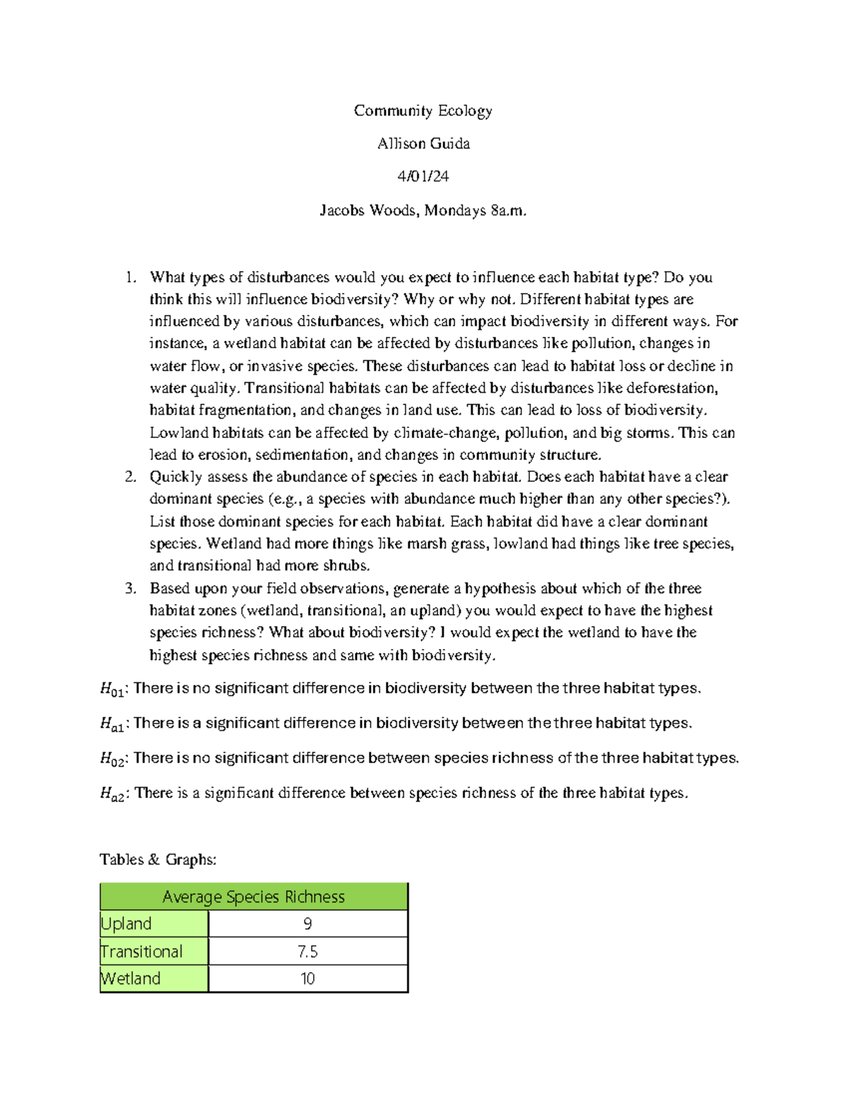 Community Ecology Part I & II Post Lab - Community Ecology Allison ...