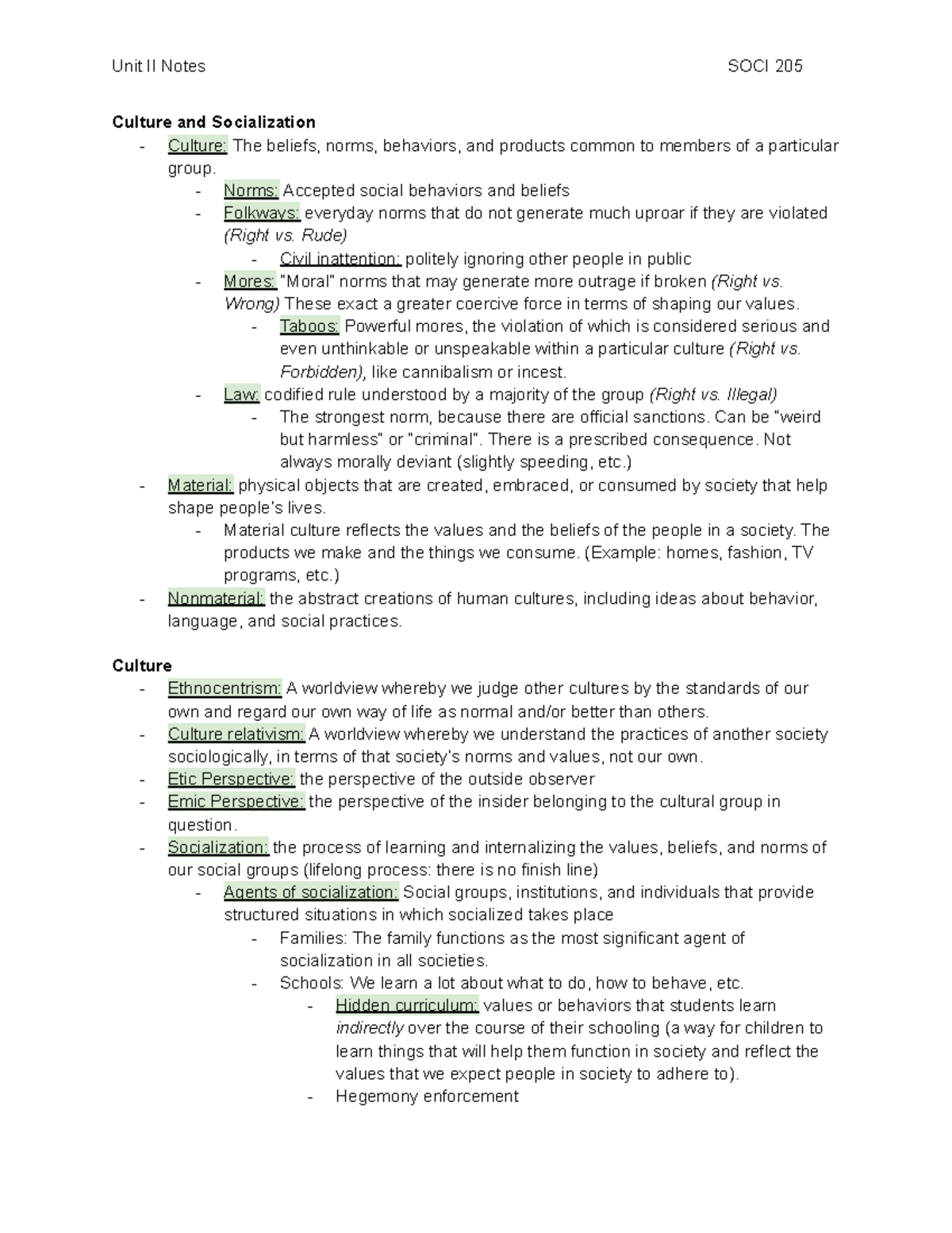 SOCI 205 Unit II - Notes - Teacher: Eileen Huey, Fall 2021 Intro to ...