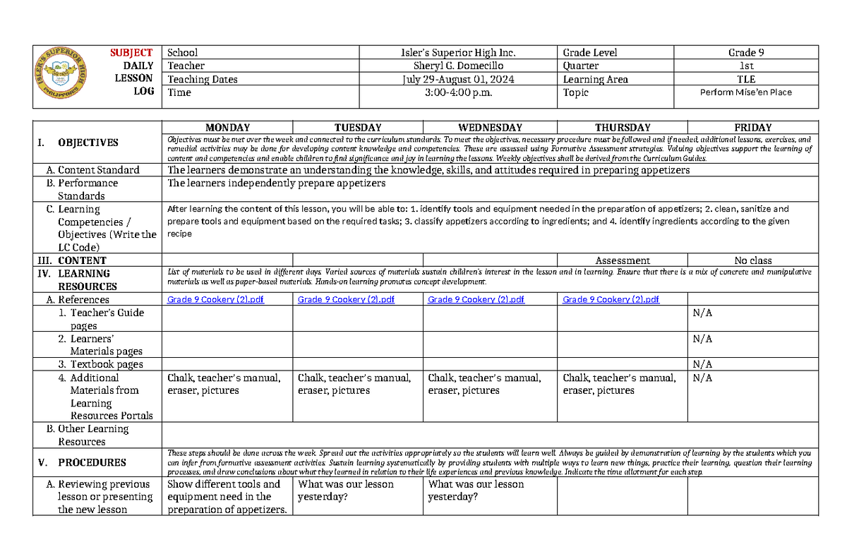 DAILY LESSON LOG - SUBJECT DAILY LESSON LOG School Isler’s Superior ...