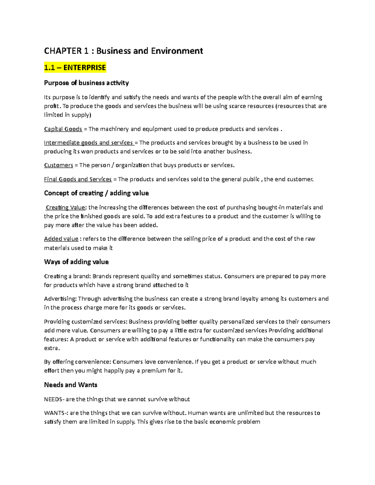 Chapter 1- introduction to business - CHAPTER 1 : Business and ...