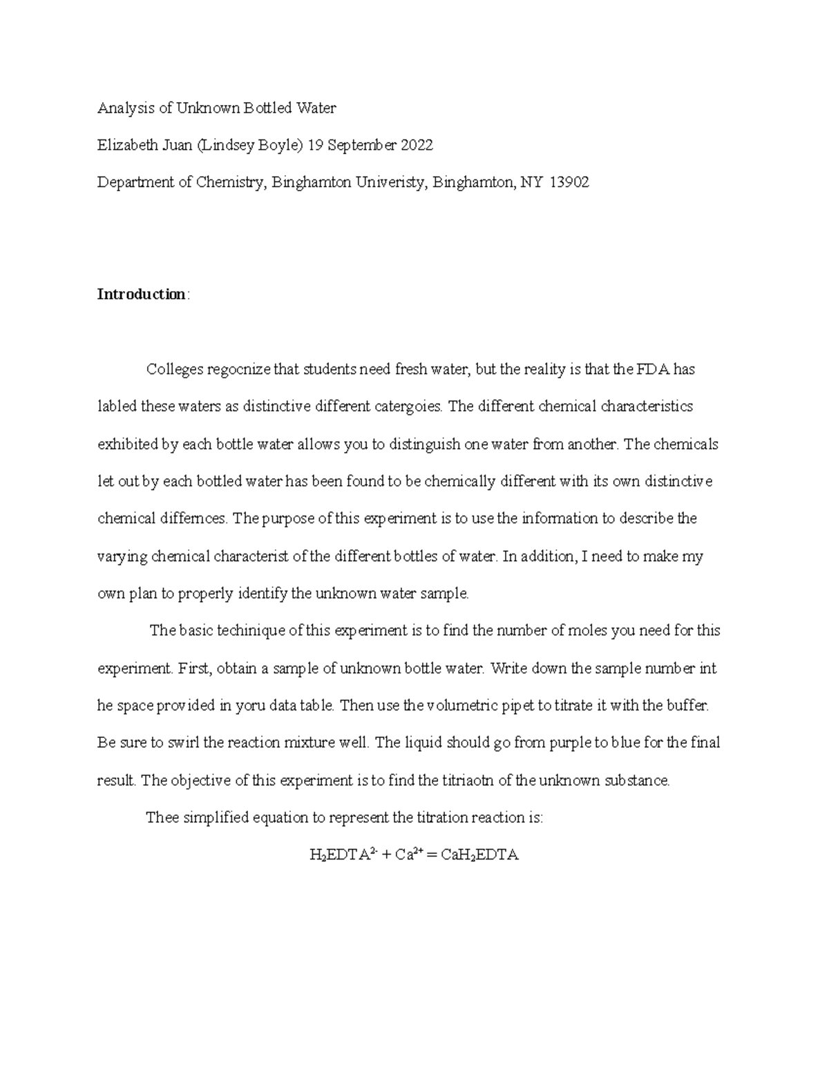 Lab report analysis of unknown substance Analysis of Unknown Bottled