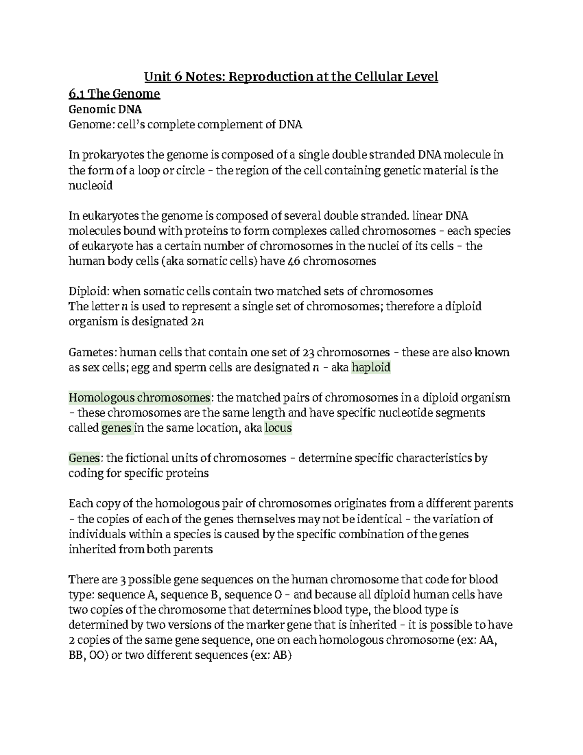 Biology Unit 6 Notes - Unit 6 Notes: Reproduction at the Cellular Level ...