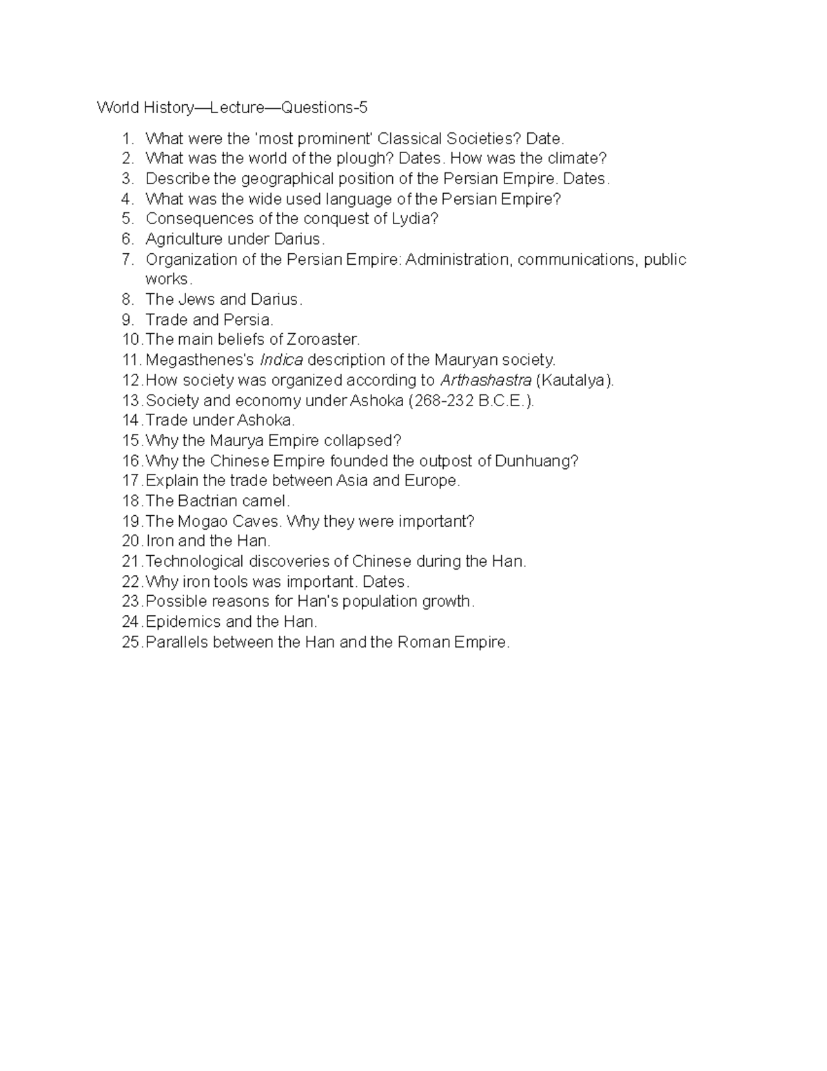 World History Lecture Questions 5 - World History—Lecture—Questions ...