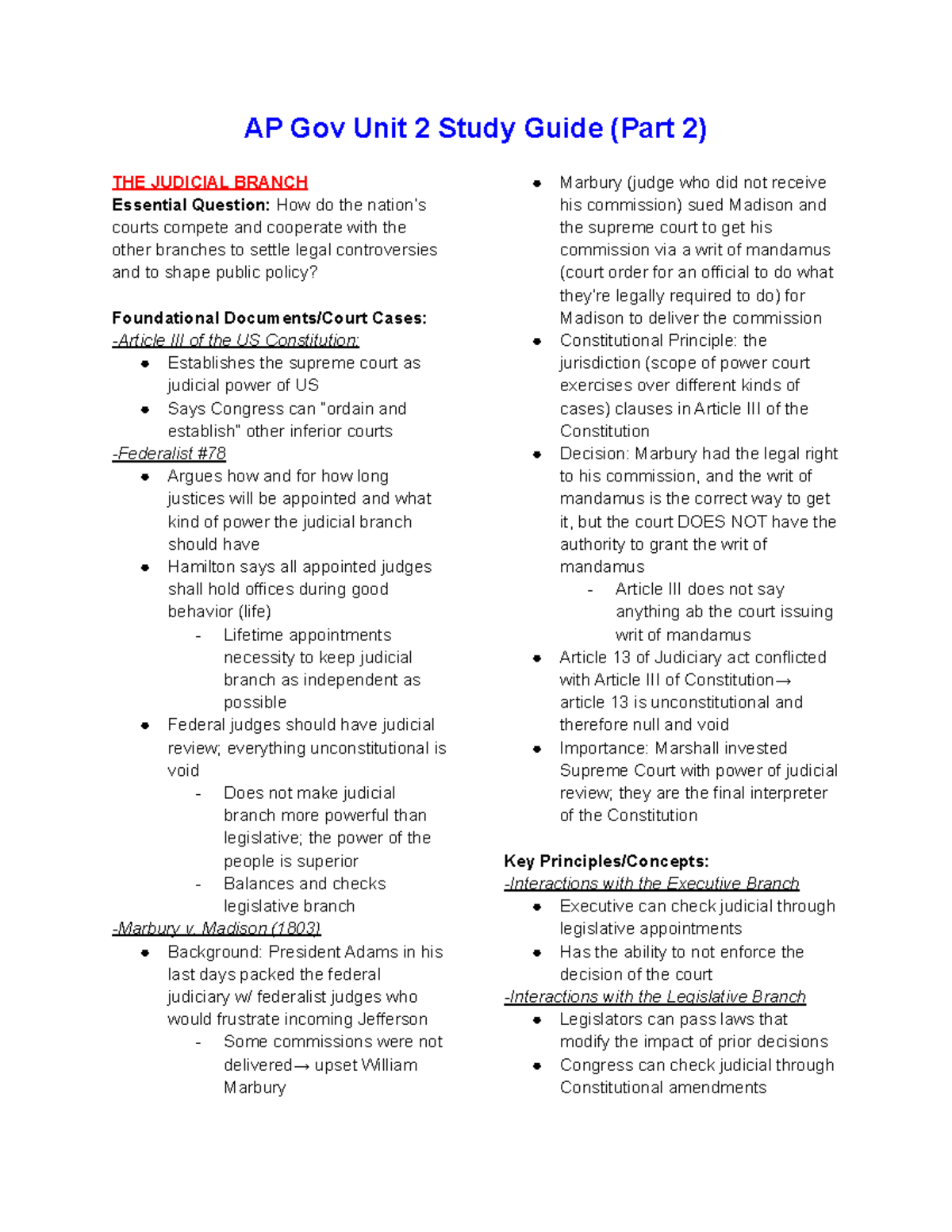 AP Gov Unit 2 Study Guide Part 2 Madison 1803 Background 