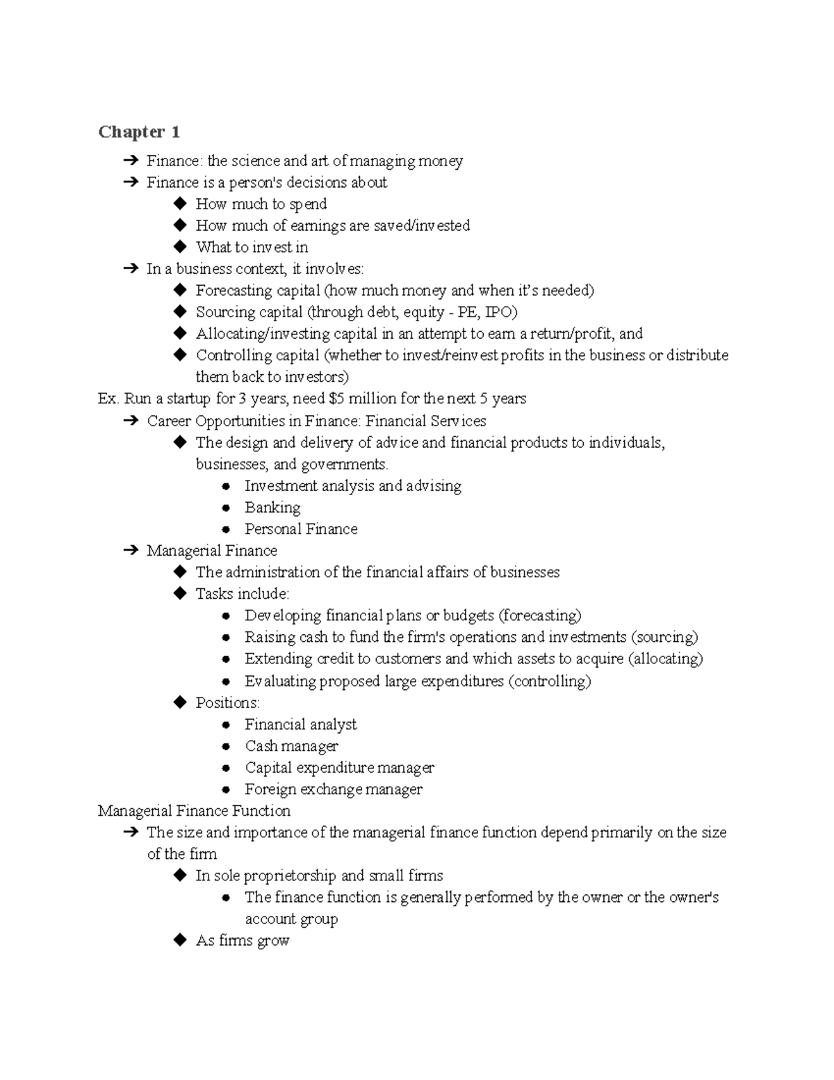 Intro to Finance Chapter 1 Notes - Chapter 1 Finance: the science and ...
