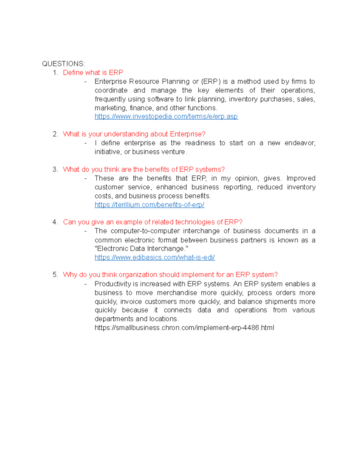 ERP - ERP implementing - QUESTIONS: Define what is ERP Enterprise ...