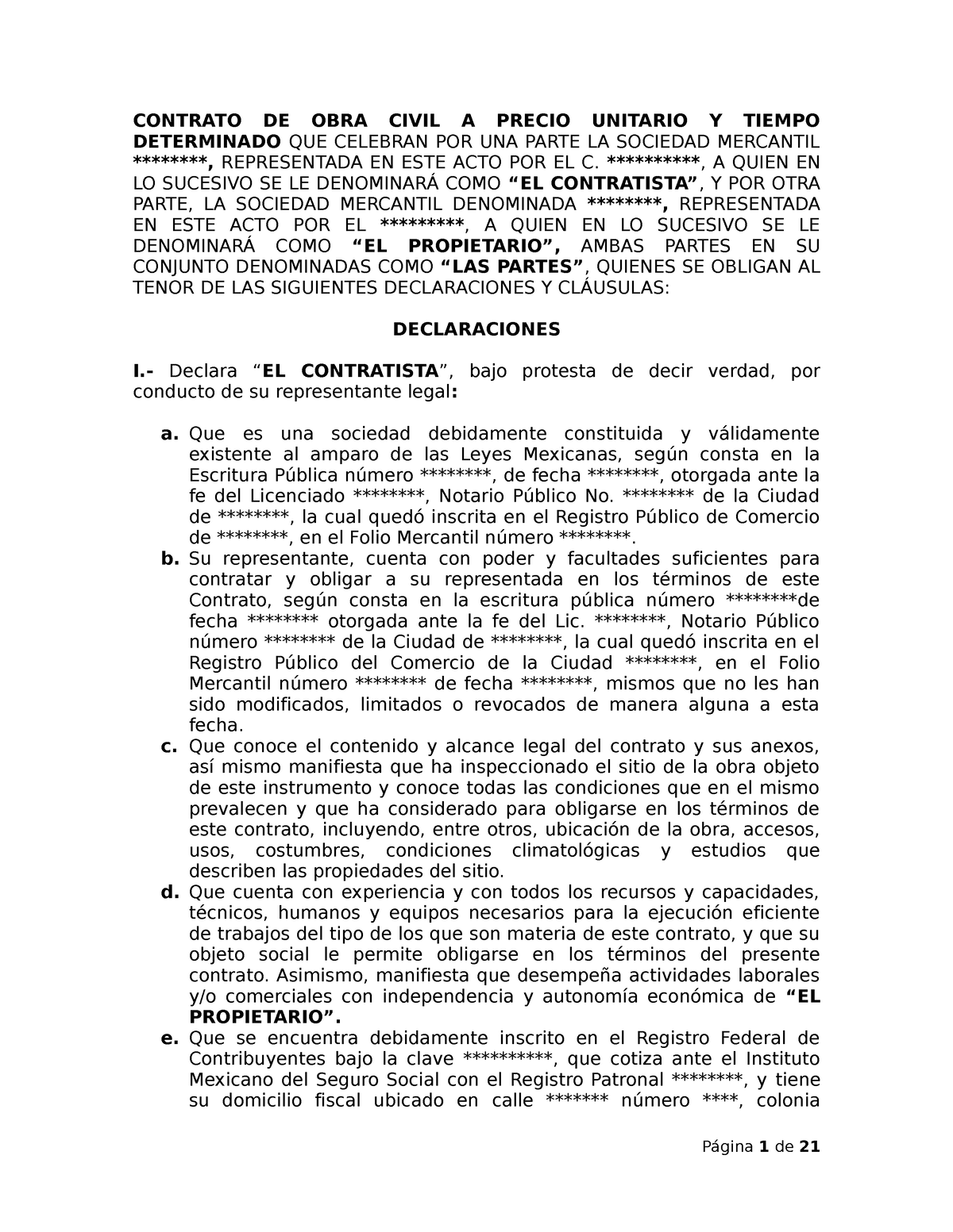 Contrato De Obra A Precio Unitario Y Tiempo 8183